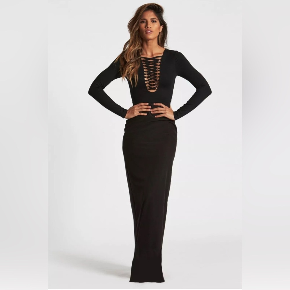 DONNA MIZANI Black Lace Up Bodycon Long Maxi Dress Made In USA Small NWT